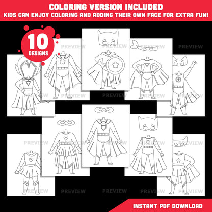 Printable Superhero Body Cutouts – Add Your Own Face Kids Craft Activity, Coloring Version Included, 10 Unique Designs, PDF + PNG Files