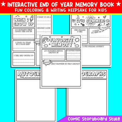 Printable End of the Year Memory Book for Ninth Grade (9th Grade), Fun Writing & Coloring Activities, 24 Comic Storyboard Pages, PDF Download