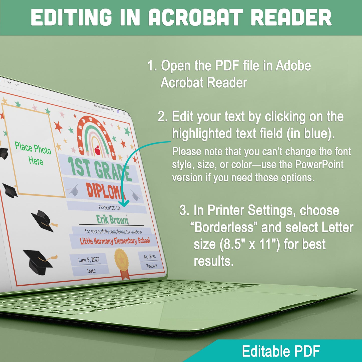 Editable 1st Grade Graduation Diploma & Certificate Set, Retro Rainbow Stars Theme, Printable Awards, Photo or No-Photo Options, PDF, PowerPoint