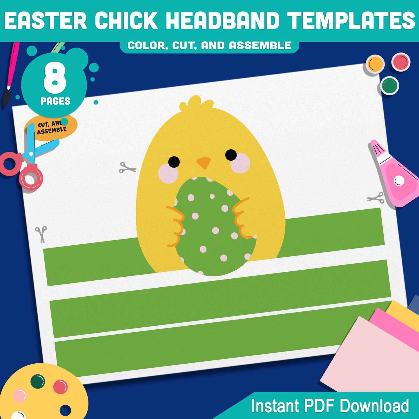 Easter Chick Headband Templates – Spring Paper Crown Printable, Holiday Hat Craft for Kids, Pre-color + Black & White, Cut & Assemble