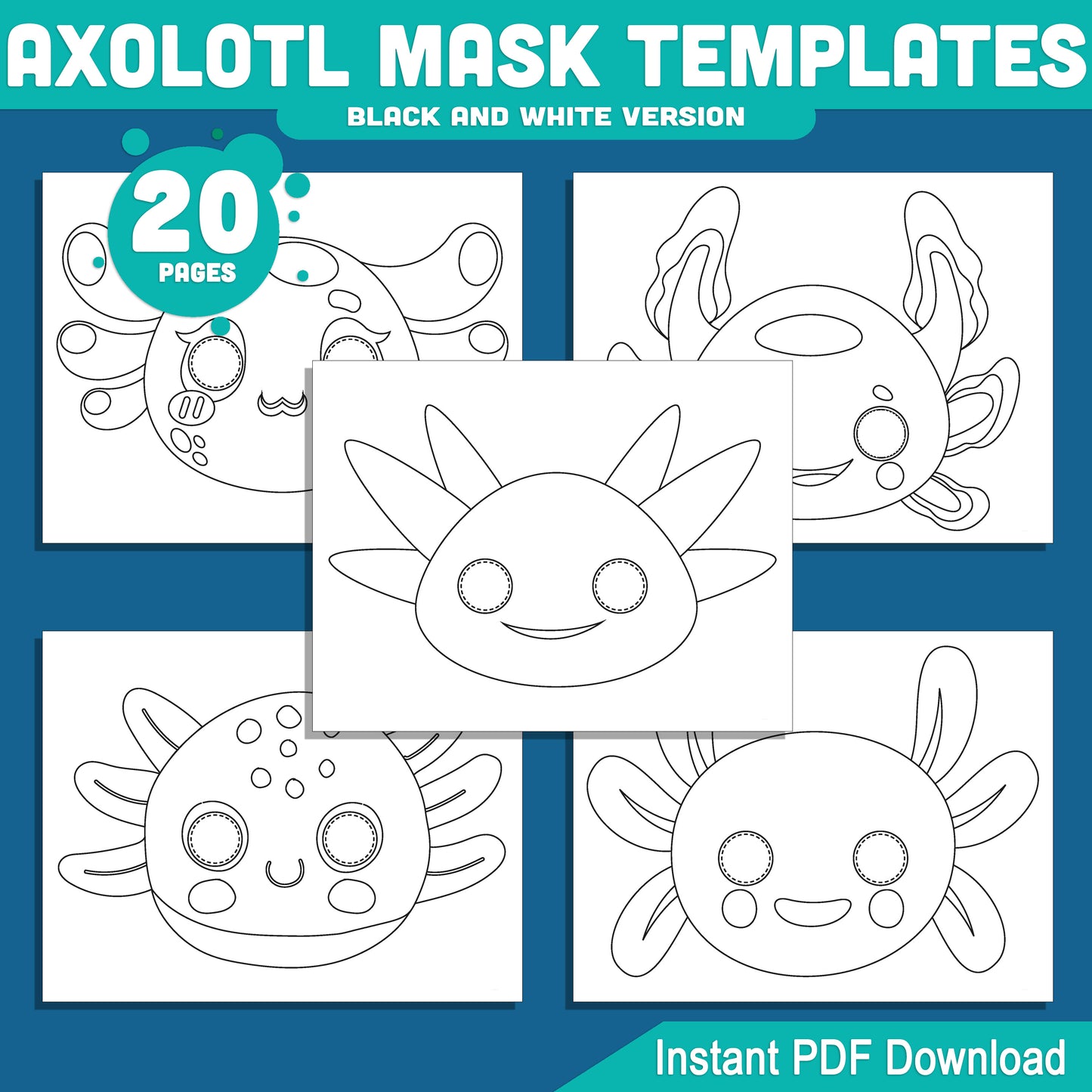 Axolotl (Ajolote) Mask Templates for Kids: Fun Printable Craft with Pre-Colored & Black and White Options, 20 Pages, PDF Instant Download