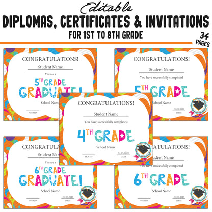 34 Editable 1st-8th Grade Certificates, Diplomas, and Invitation Templates, Orange-Themed, PDF Instant Download