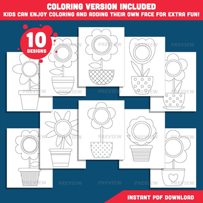 Spring Flower Add Your Face Craft, Printable Flower Body Templates, Photo Insert Craft Activity, 10 Designs, Coloring Version Included, Spring Bulletin Board