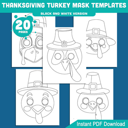 Printable Thanksgiving Turkey Mask Templates: Fun Fall Paper Craft for Kids, 10 Designs, Pre-Colored + Black and White, Perfect for Classroom Party or Family Craft