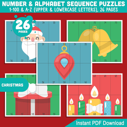 Engaging Christmas Number & Alphabet Sequence Puzzles: 1-100 & A-Z PDF for Toddlers, Preschool, and Kindergarten, Great for Early Math Skills