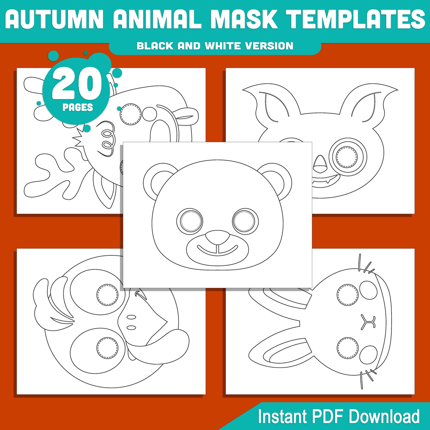 Autumn Animal Mask Templates for Kids: Fox, Owl, Raccoon, Bear & More, Fall-Themed Craft PDF, Pre-Colored + Black & White