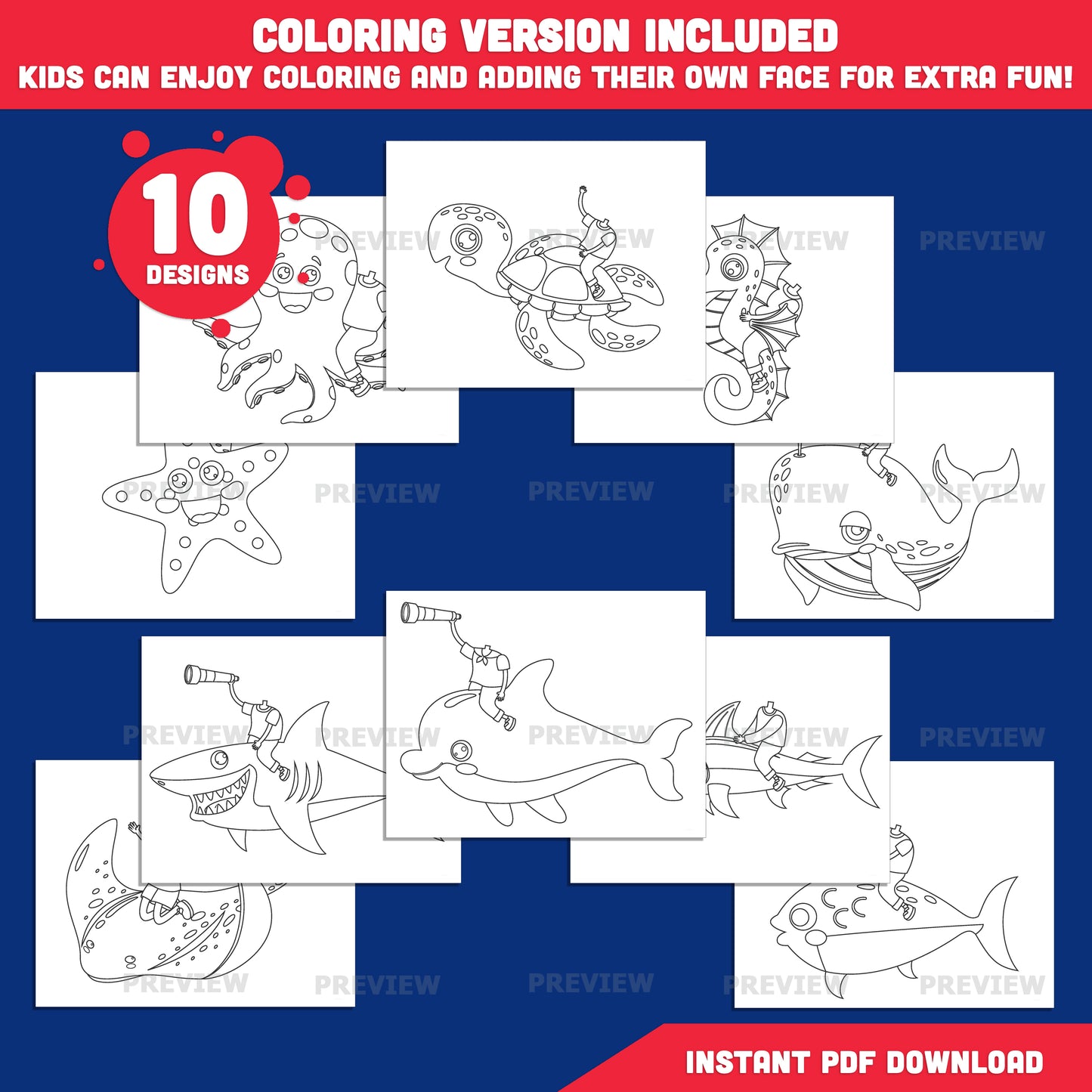 Kids Riding Sea Animal Craft, Add Your Own Face Printable, Sea Creature Rider Template, Fun Classroom Craft, Coloring Version
