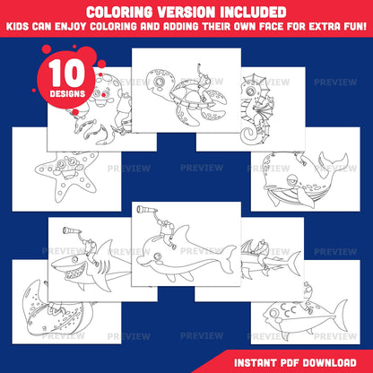 Kids Riding Sea Animal Craft, Add Your Own Face Printable, Sea Creature Rider Template, Fun Classroom Craft, Coloring Version