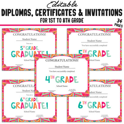 Printable 7th Grade Diplomas, Editable Certificates for 1st-8th Grades, Invitation Templates in Mandala Design, 34 Pages, Instant Download