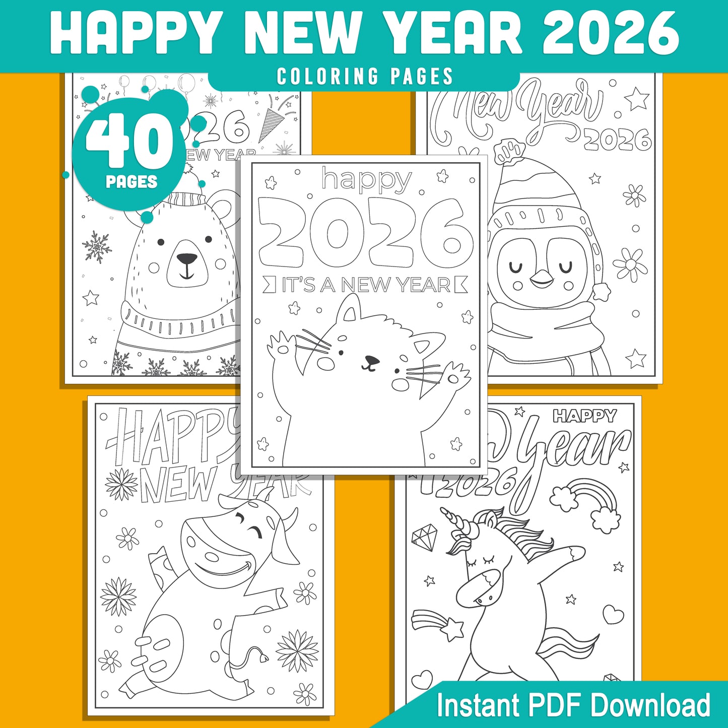 Kids' 2026 New Year Coloring Pages: 40 Funny Animal Prints for Holiday Fun, Creative Printable Activities, PDF Instant Download