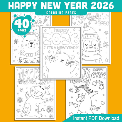 Kids' 2026 New Year Coloring Pages: 40 Funny Animal Prints for Holiday Fun, Creative Printable Activities, PDF Instant Download