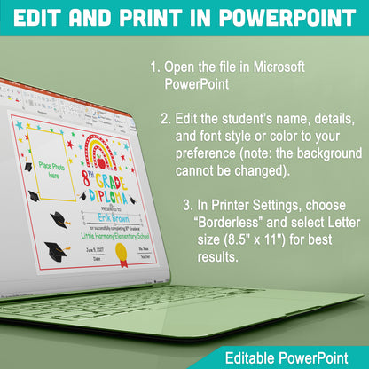 Editable 8th Graduation Diploma & Certificate Set, Rainbow Stars Graduation Awards, Photo or No-Photo Options, Edit in PDF, PowerPoint, Canva