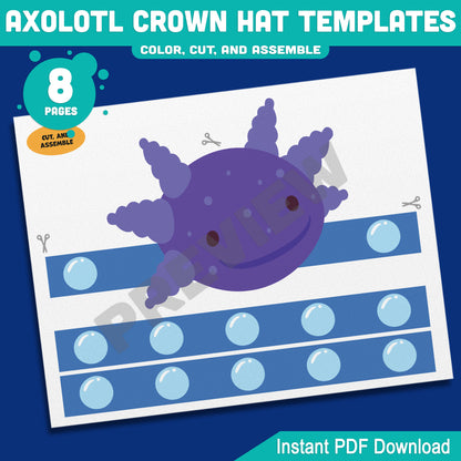 Axolotl Crown Hat Templates – 8 Fun Printable Headbands for Kids with Pre-Colored + Black & White Versions, Creative Craft PDF for Classroom