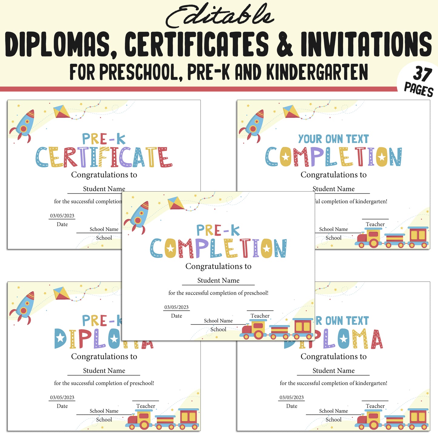 Kindergarten, Preschool, Pre K Certificates, Diplomas, End of the Year & Invitations, 37 Customizable PDF Pages, Instant Download