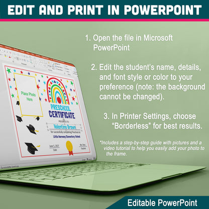 Editable Certificate of Completion, Printable Rainbow Student Awards, Photo and No-Photo Options, PDF and PowerPoint