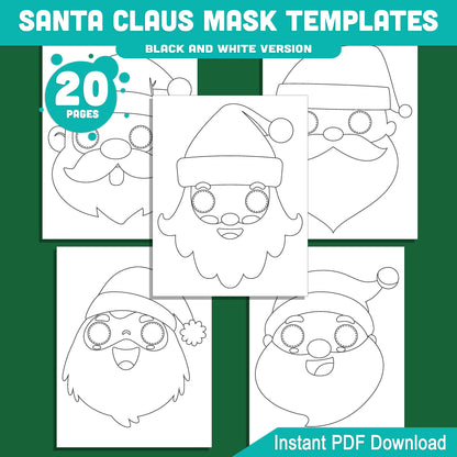 Printable Santa Claus Mask Templates: Fun Christmas Craft for Kids, 10 Designs, 20 Pages (Pre-Colored + Black and White), Perfect for Classroom or Home, PDF