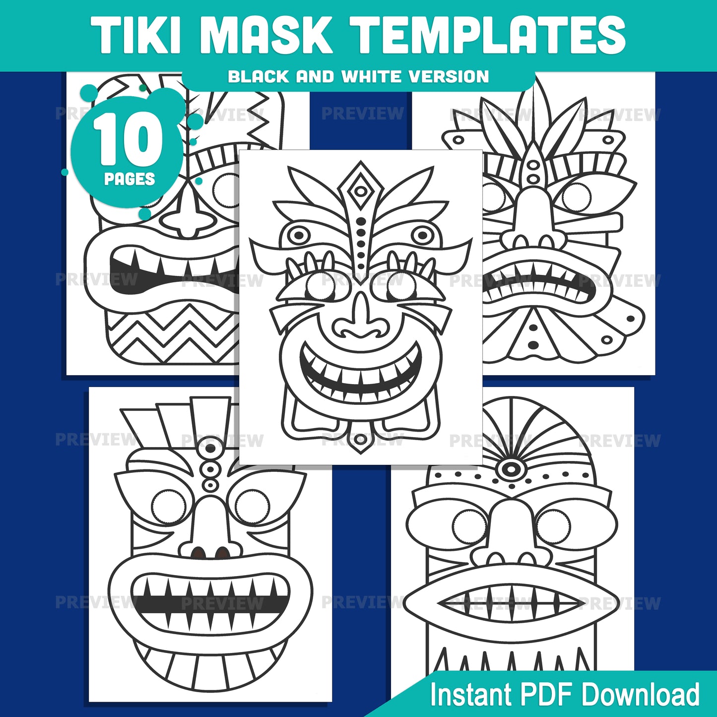 Tiki Mask Templates – Tropical Tribal Mask Printable Set, Paper Mask Craft with Extra-Thick Bold Lines, Pre-Colored and Black and White PDF