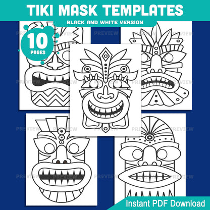 Tiki Mask Templates – Tropical Tribal Mask Printable Set, Paper Mask Craft with Extra-Thick Bold Lines, Pre-Colored and Black and White PDF