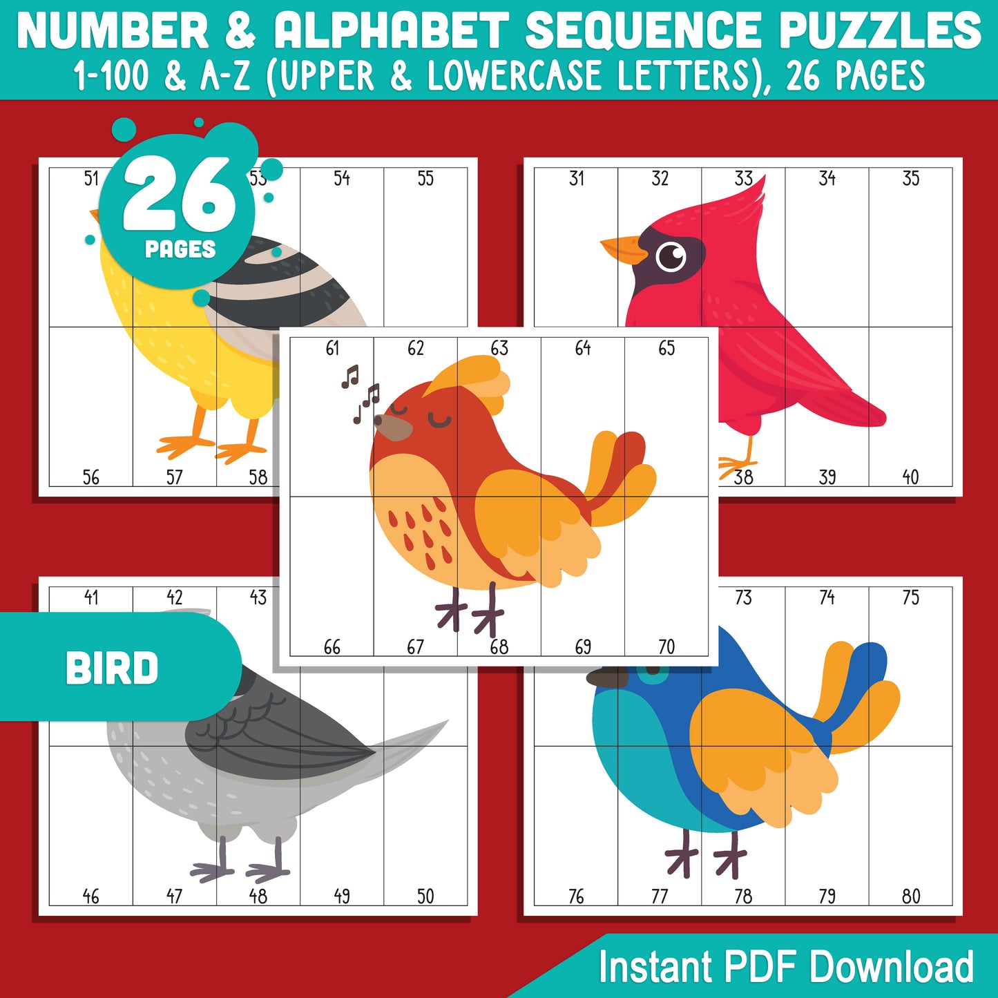 Bird Number and Alphabet Stripe Puzzles: 1-100 Counting and A-Z Sequencing for Toddlers, Preschool, and Kindergarten, Fun for Math Centers, Printable PDF Download