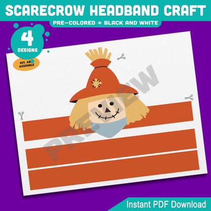 Scarecrow Headband Craft, Fall Paper Hat Activity, Printable Crown, Pre-Colored & Black and White, Autumn Craft for Kids, 4 Designs, A4, US Letter