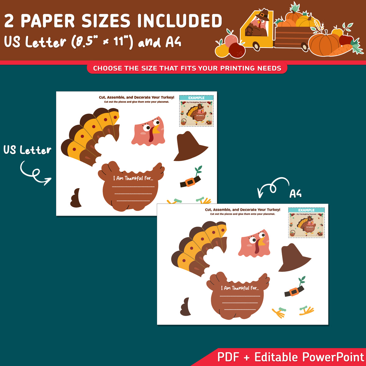 Thanksgiving Placemat Craft, Friendsgiving Placemat, Turkey Craft and Gratitude Writing