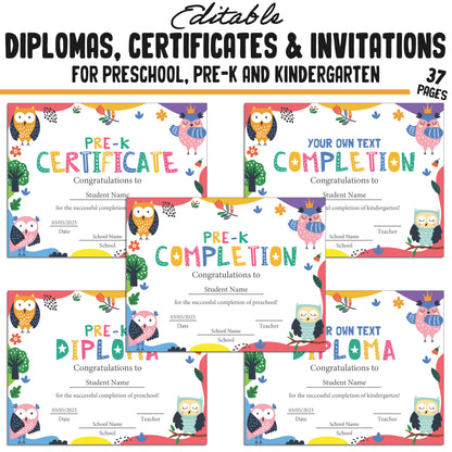 37 Editable Kindergarten, Pre-K, and Preschool Certificates of Completion, Graduation Invitations, Diplomas, and Certificate Templates