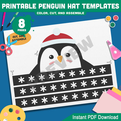 Printable Penguin Crown Craft Templates: 4 Winter-Themed Designs for Kids to Color, Cut, and Assemble, Includes Black & White, Instant Download.