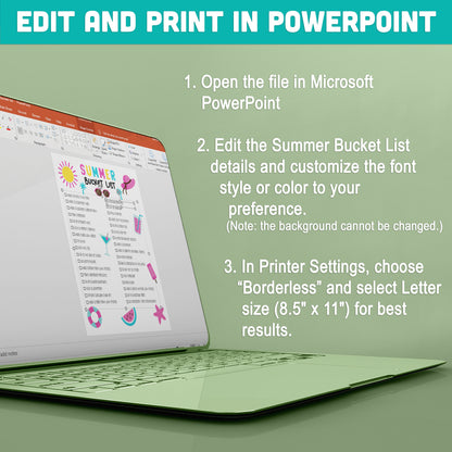 Summer Bucket List for Kids: Editable Printable Template in PDF & PowerPoint, Pre-Colored & Black & White Versions, 8.5x11, Instant Use