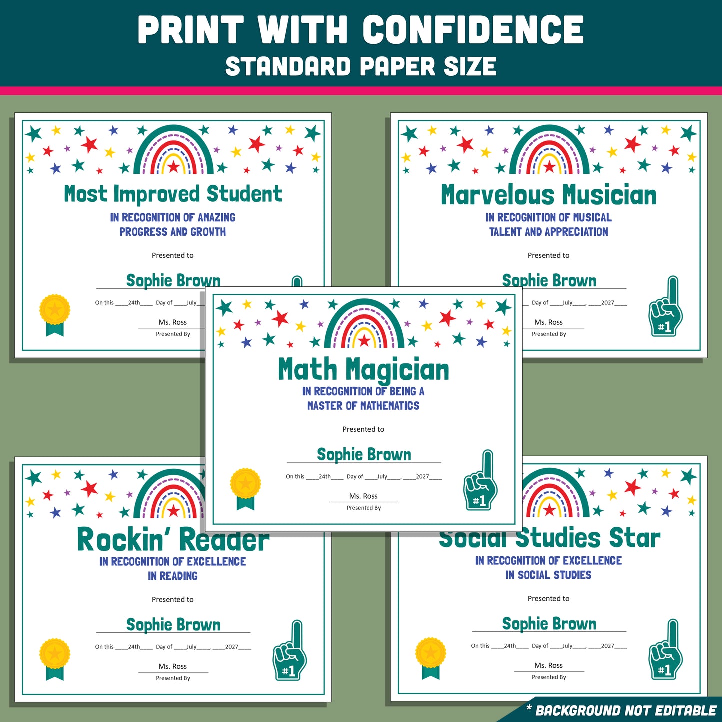 Custom Award Templates, Editable Student Certificates, 26 Printable Classroom Honors, PowerPoint Templates, Rainbow and Star Themed