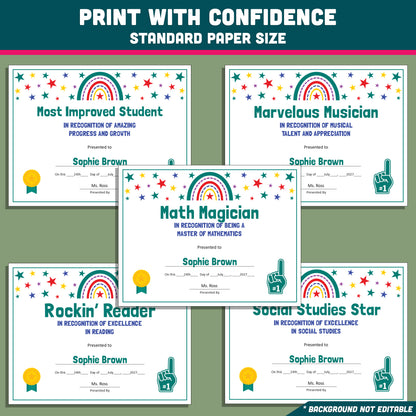 Custom Award Templates, Editable Student Certificates, 26 Printable Classroom Honors, PowerPoint Templates, Rainbow and Star Themed