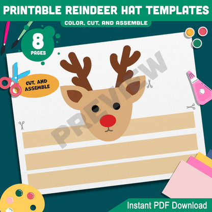 Festive Reindeer Hat Crown Templates: Christmas Craft Activity for Kids, 4 Unique Designs in Color & Black-and-White, Printable Instant Download.