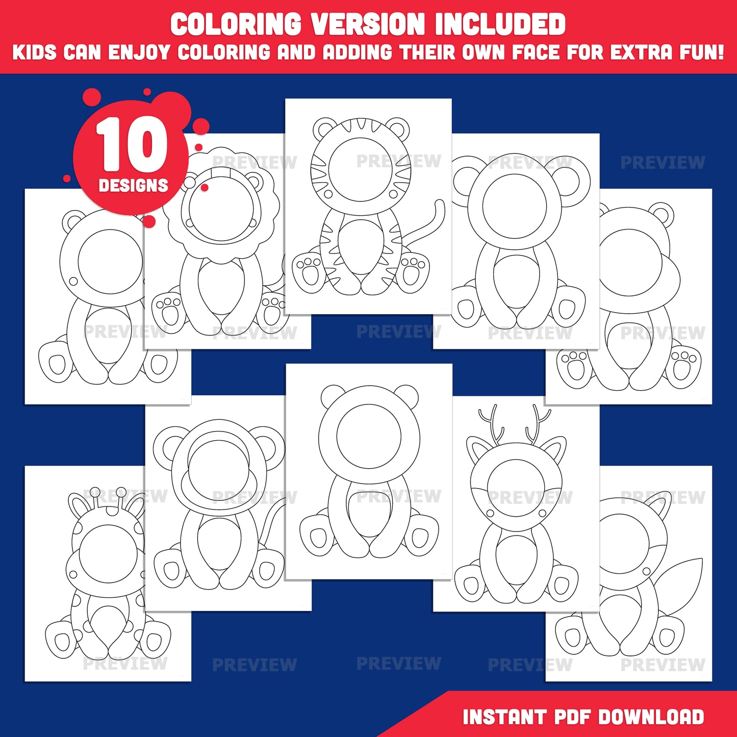 Animal Body Templates, Add Your Own Face Printable Craft, Printable Animal Characters, 10 Cute Designs, Color, Black and White, PNG