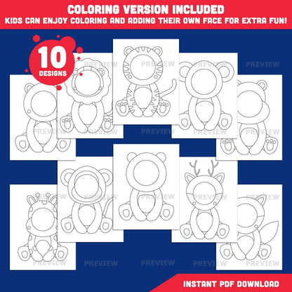 Animal Body Templates, Add Your Own Face Printable Craft, Printable Animal Characters, 10 Cute Designs, Color, Black and White, PNG