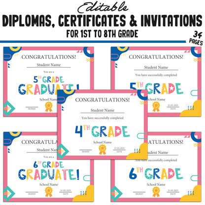 Personalized 1st, Second-8th Grade Achievement Certificates, Diplomas & Invitation Templates in a Flat Modern Theme - PDF Instant Download