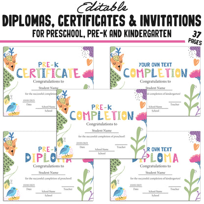 Preschool, Pre K, Kindergarten Graduation Certificates, Diplomas & Invitations, 37 Customizable PDF Pages, Instant Download