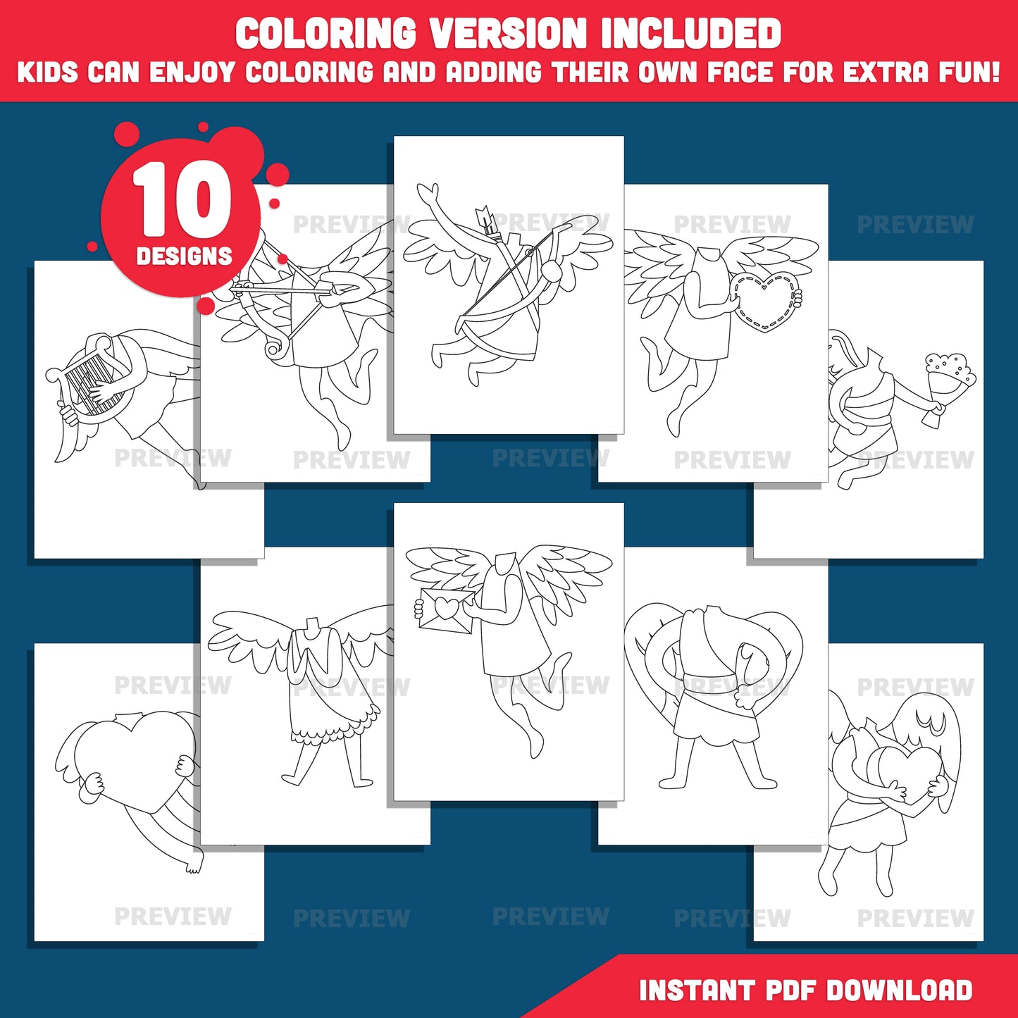 Valentine Cupid Body Templates – Add Your Own Face Crafts, Valentine Activities for Classroom & Home, Coloring Version, High-Res PDF PNG