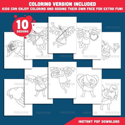 Valentine Cupid Body Templates – Add Your Own Face Crafts, Valentine Activities for Classroom & Home, Coloring Version, High-Res PDF PNG