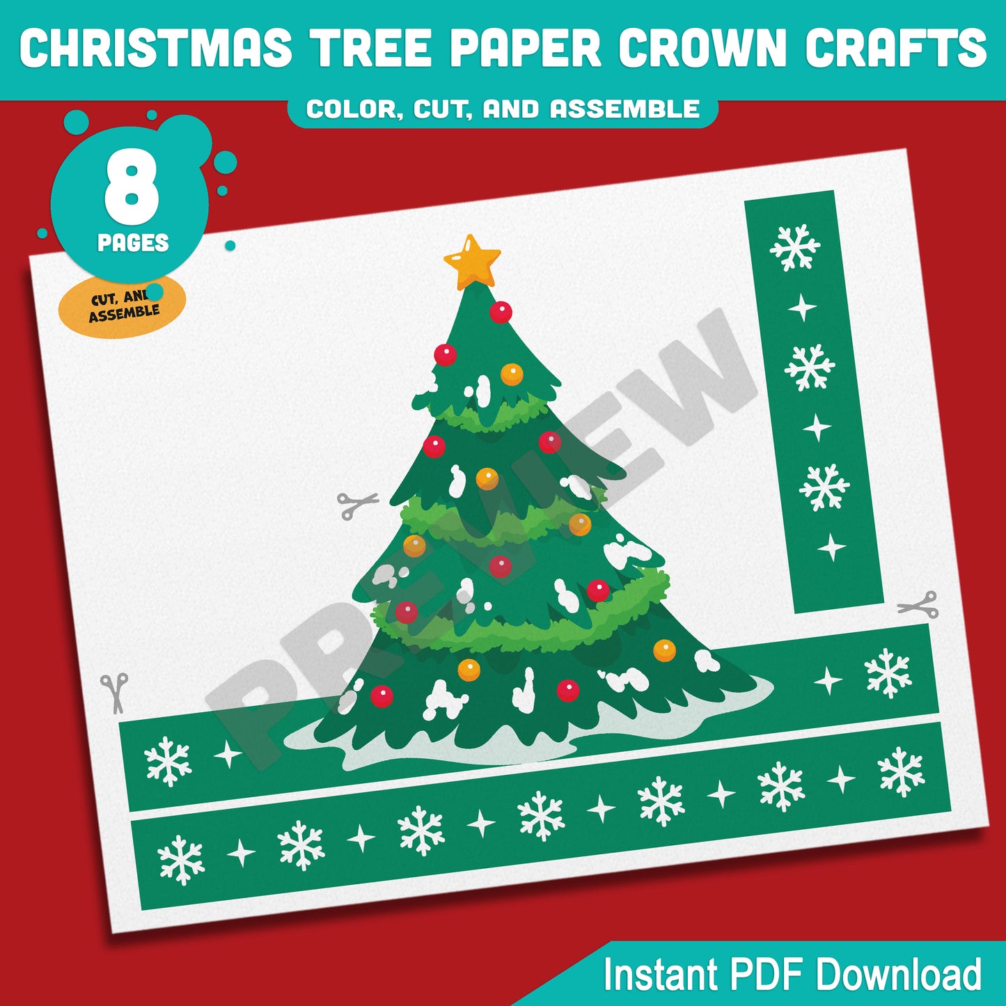 Printable Christmas Tree Paper Crown Crafts, Coloring Hat and Headband for Winter Fun, Holiday Party Paper Hat, 4 Designs, Pre-color + Black & White, PDF Download