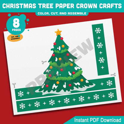 Printable Christmas Tree Paper Crown Crafts, Coloring Hat and Headband for Winter Fun, Holiday Party Paper Hat, 4 Designs, Pre-color + Black & White, PDF Download