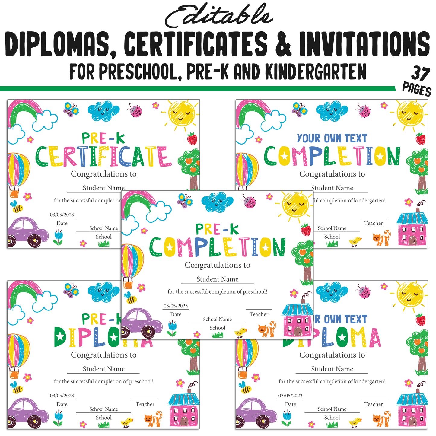 37 Customizable Kids' Drawing Pencil-Themed Pre-K, Kindergarten, and Preschool Diplomas, Certificates, and Invitation Templates (PDF)