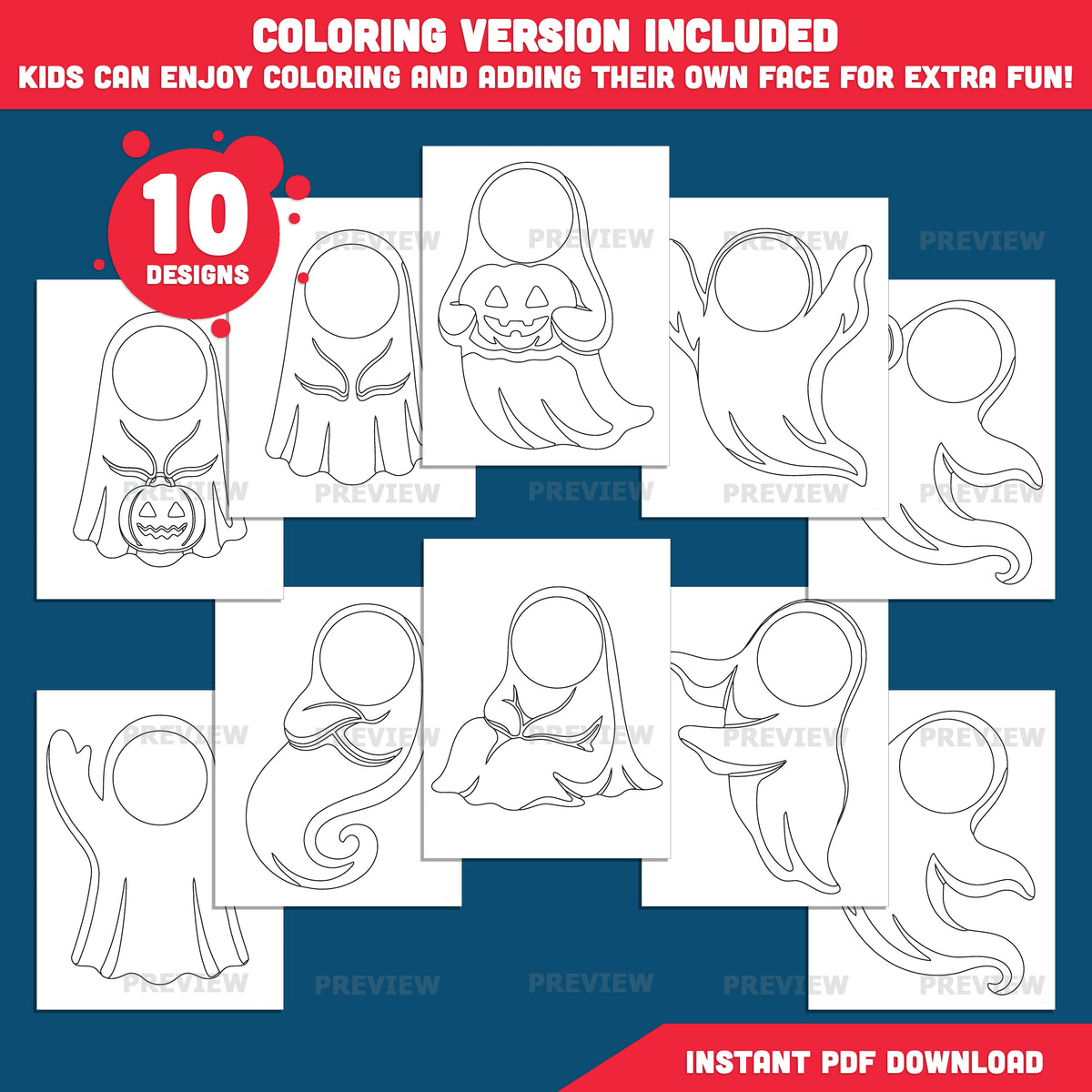 Ghost Template Craft Activity, Halloween Cut and Paste, Add Your Own Face, 10 Unique Designs, PDF + PNG Files, Coloring Version Included, 300 DPI, A4