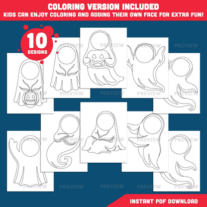 Ghost Template Craft Activity, Halloween Cut and Paste, Add Your Own Face, 10 Unique Designs, PDF + PNG Files, Coloring Version Included, 300 DPI, A4