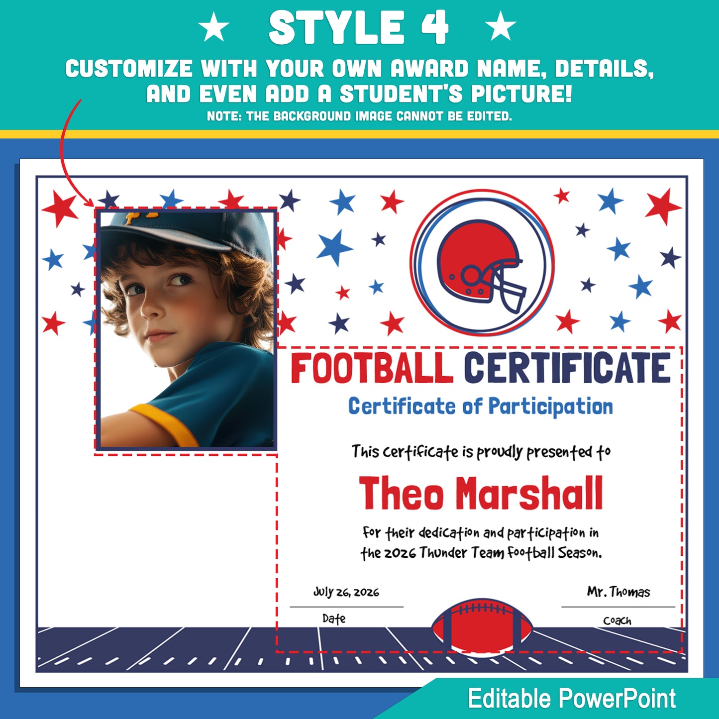 Editable Football Certificates | 4 Styles with Photo Options | Youth Team Awards, Player Recognition - 8.5x11 PowerPoint Instant Download