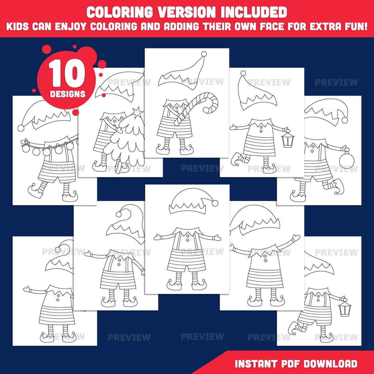Christmas Elf Templates, Printable Face Craft for Kids, PDF + PNG, Coloring Version