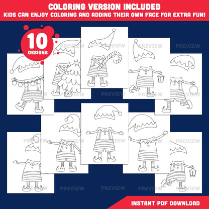 Christmas Elf Templates, Printable Face Craft for Kids, PDF + PNG, Coloring Version
