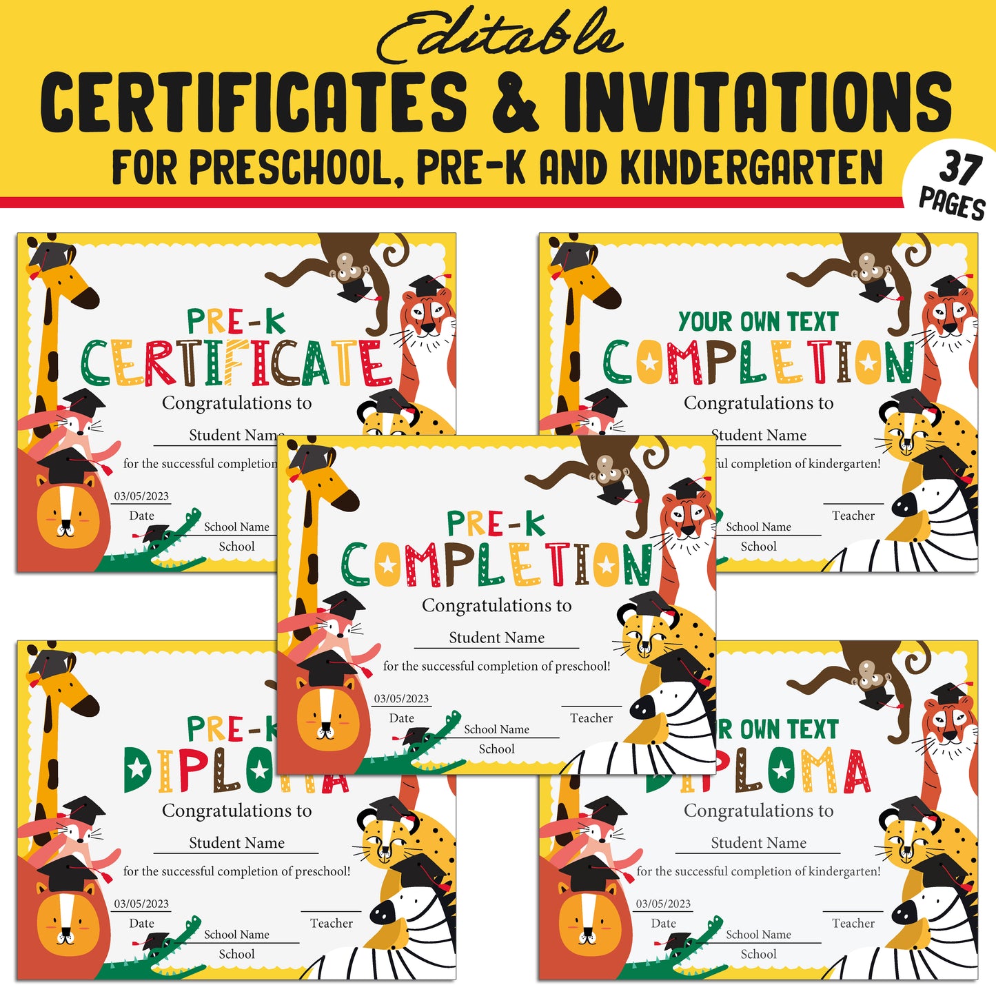 Fun Editable Certificates and Invitations for Preschool, Pre-K, and Kindergarten – 37 Customizable Pages, PDF Instant Download