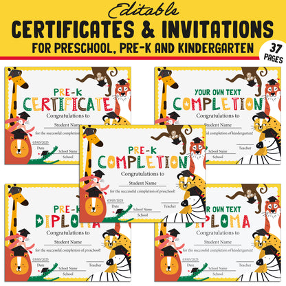 Fun Editable Certificates and Invitations for Preschool, Pre-K, and Kindergarten – 37 Customizable Pages, PDF Instant Download