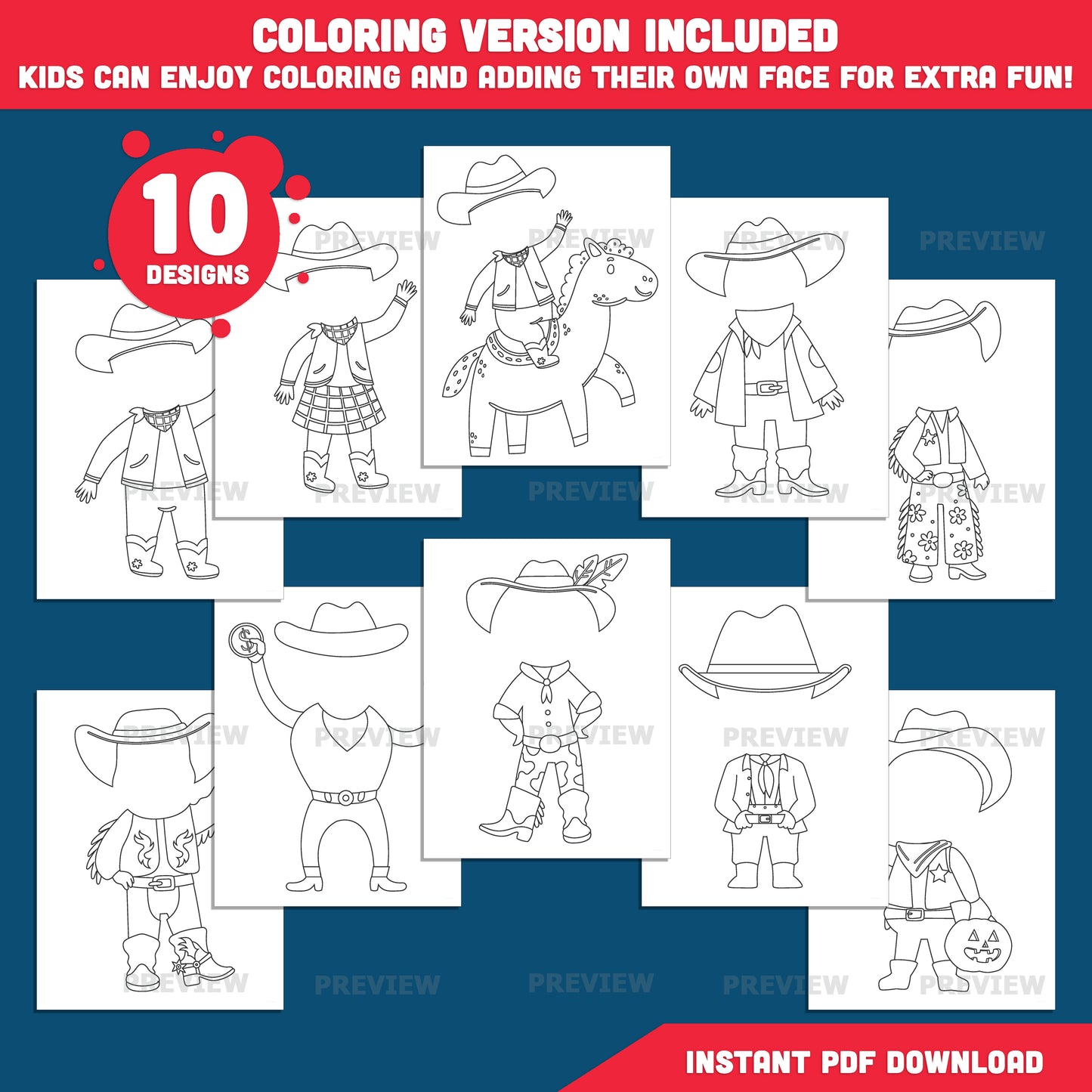 Cowboy Add Your Own Face Craft, Wild West Activity, Printable Body Templates, Bulletin Board Activity, Coloring Version Included, Light Dark Skin Inclusive Designs, PDF PNG Transparent Files