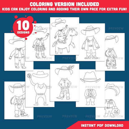 Cowboy Add Your Own Face Craft, Wild West Activity, Printable Body Templates, Bulletin Board Activity, Coloring Version Included, Light Dark Skin Inclusive Designs, PDF PNG Transparent Files