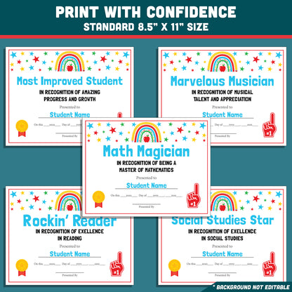 Class Awards Middle School End of the Year, Printable Certificates Bundle, 26 Editable Designs, Student Recognition Pack, Teacher Friendly